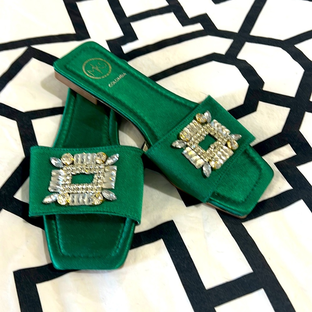 Cute green satin bling slides